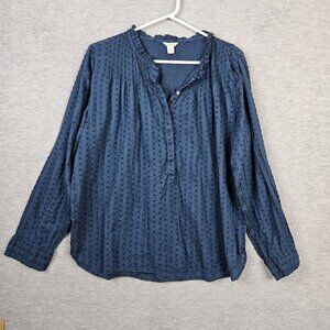 POINT SUR Women's Navy Blue Swiss Dot Henley Long Sleeve Blouse Size 14